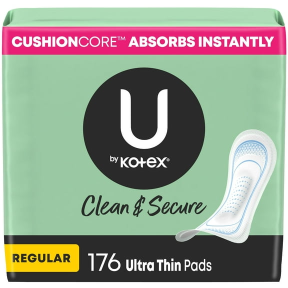 U by Kotex Clean & Secure Ultra Thin Pads, Regular Absorbency, 176 Count (4 Packs of 44) (Packaging May Vary)