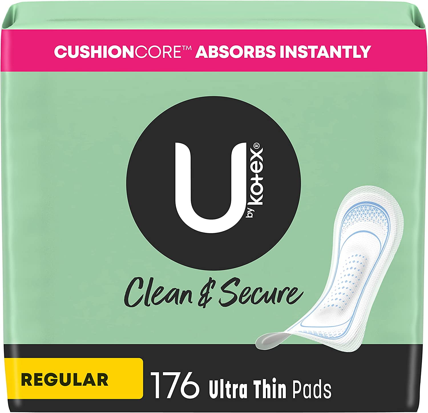 U by Kotex Clean & Secure Ultra Thin Pads, Regular Absorbency, 176 Count (4 Packs of 44) (Packaging May Vary)