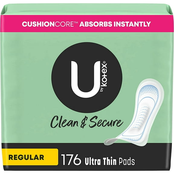U by Kotex Clean & Secure Ultra Thin Pads, Regular Absorbency, 176 Count (4 Packs of 44) (Packaging May Vary)