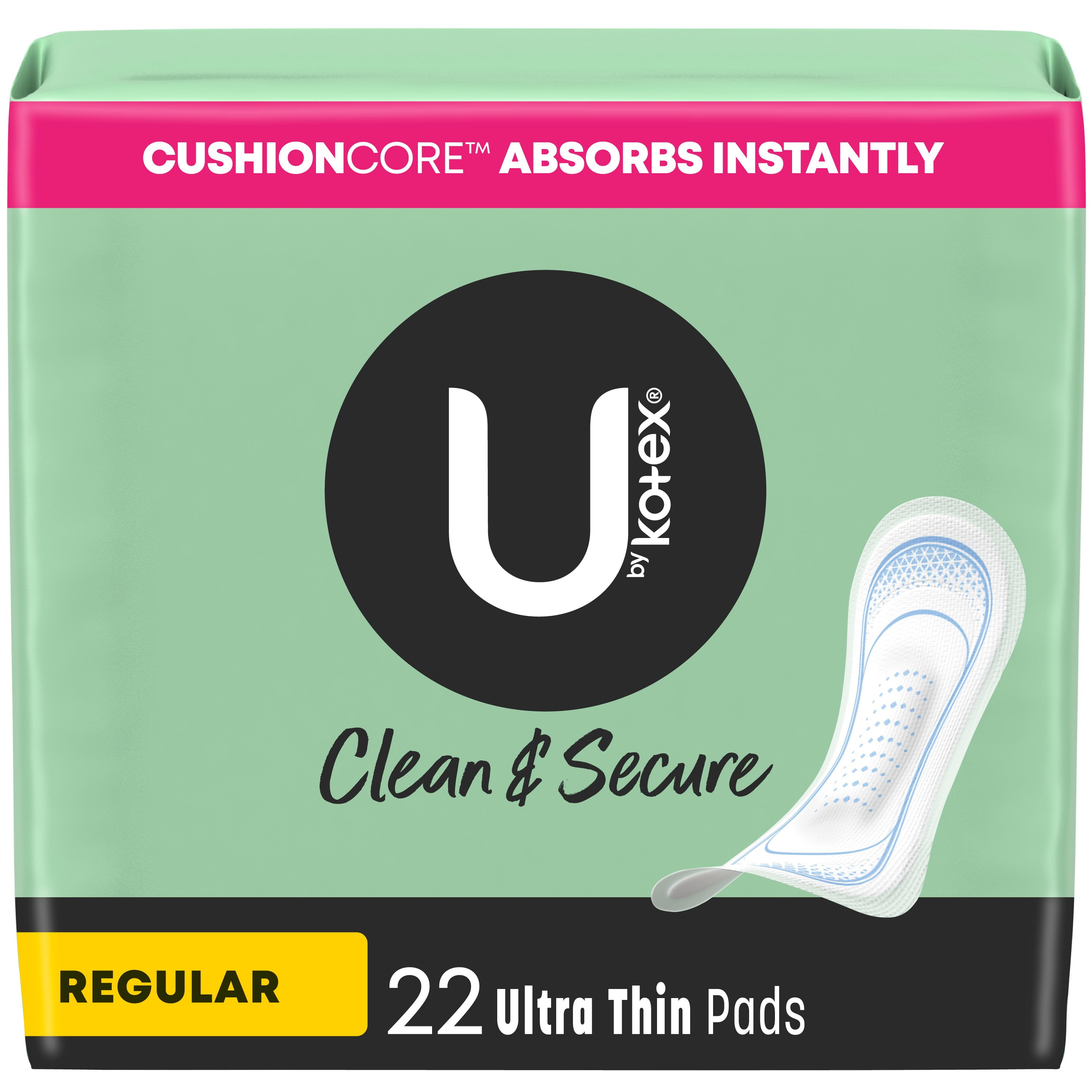 U by Kotex Clean \u0026 Secure Ultra Thin Pads, Regular Absorbency, 22 Count