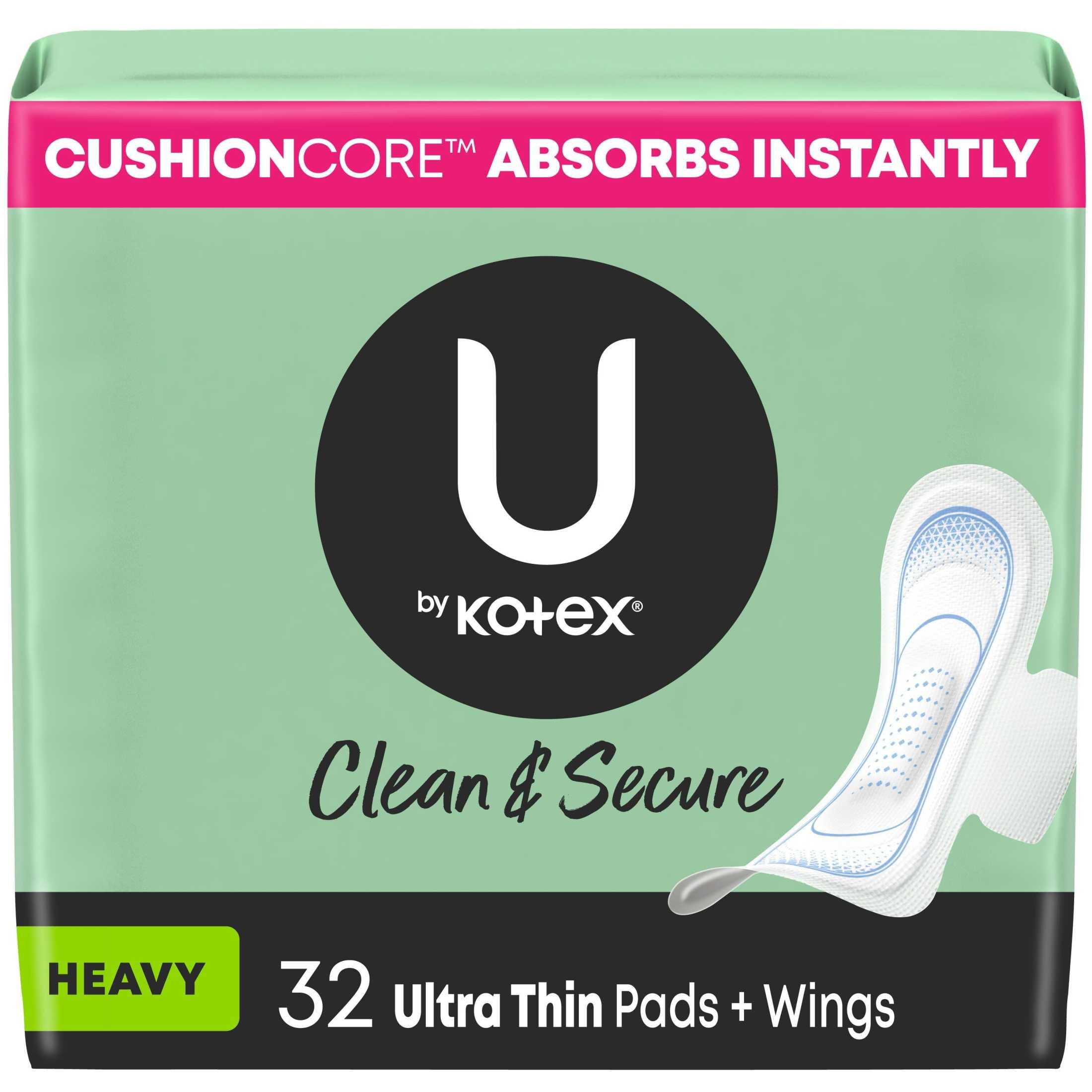 U by Kotex Clean & Secure Ultra Thin Pads with Wings, Heavy Absorbency, 32 Count