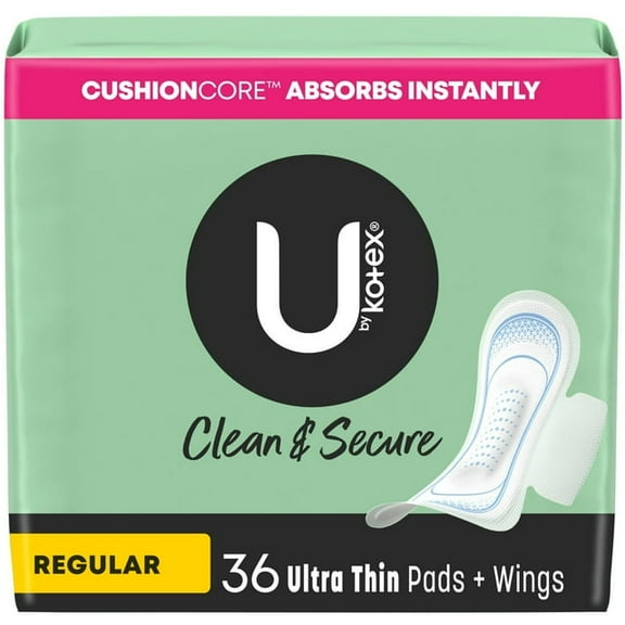 U by Kotex Clean & Secure Ultra Thin Pads with Wings, Regular Absorbency, 36 Count ( 2 PACK )