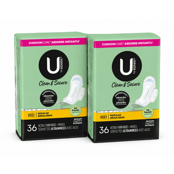 U by Kotex Clean & Secure Ultra Thin Pads with Wings, Regular Absorbency, 36 Count ( 2 PACK )