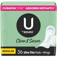 thumbnail image 1 of U by Kotex Clean & Secure Ultra Thin Pads with Wings, Regular Absorbency, 36 Count, 1 of 9