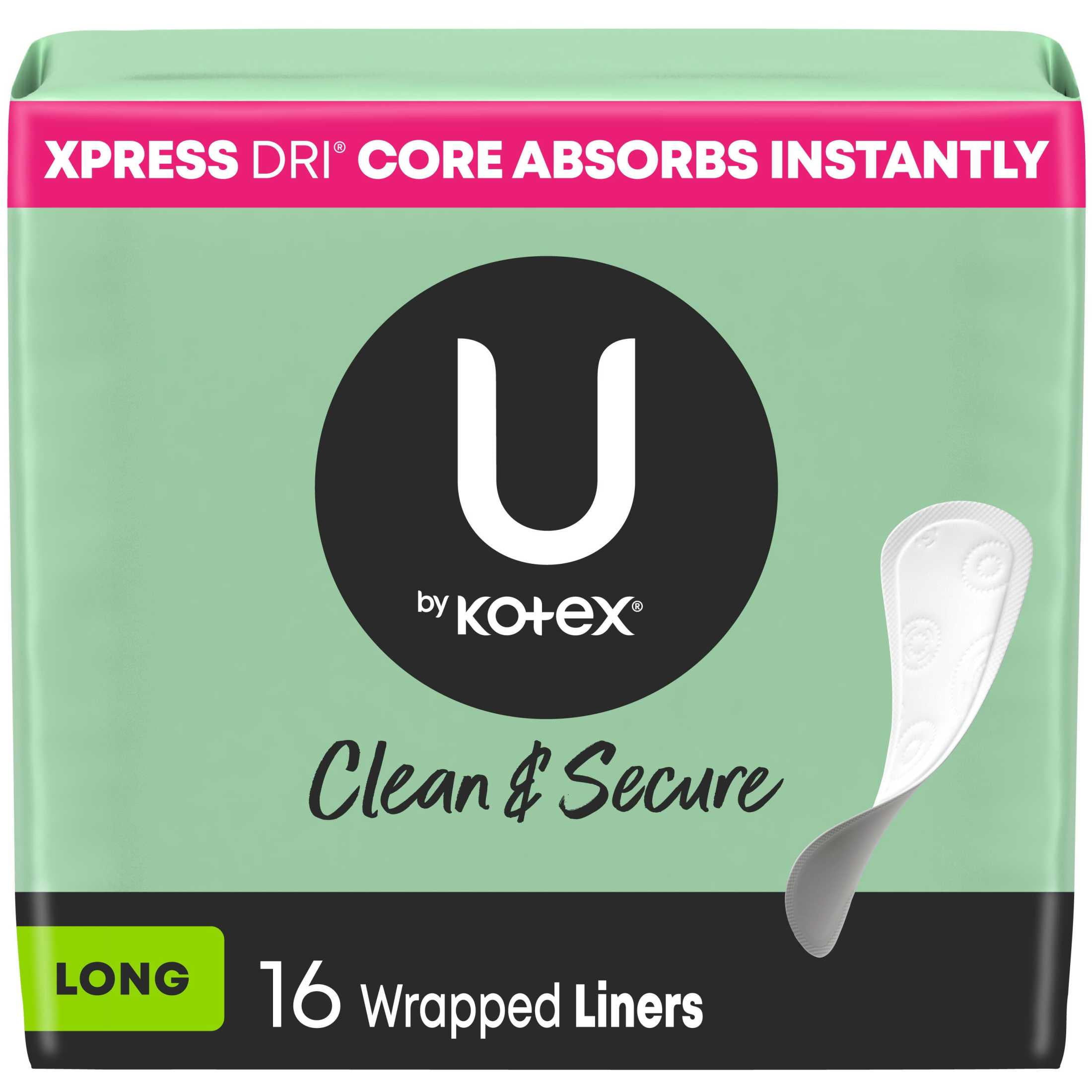 U by Kotex Clean & Secure Wrapped Panty Liners, Light Absorbency, Long Length, 16 Count