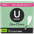 thumbnail image 1 of U by Kotex Clean & Secure Wrapped Panty Liners, Light Absorbency, Long Length, 16 Count, 1 of 9