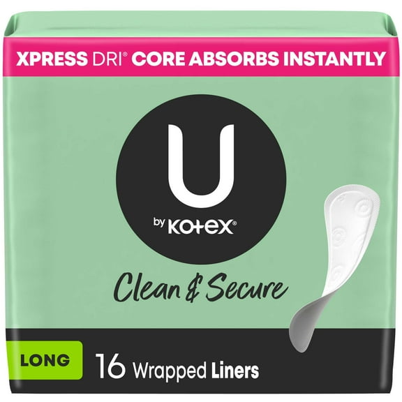 U by Kotex Clean & Secure Wrapped Panty Liners, Light Absorbency, Long Length, 16 Count