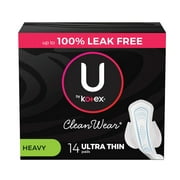 U by Kotex CleanWear Ultra Thin Feminine Pads with Wings, Heavy Absorbency, 14 Count