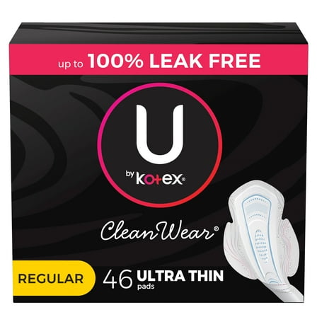 U by Kotex CleanWear Ultra Thin Feminine Pads with Wings, Regular, 46 Count