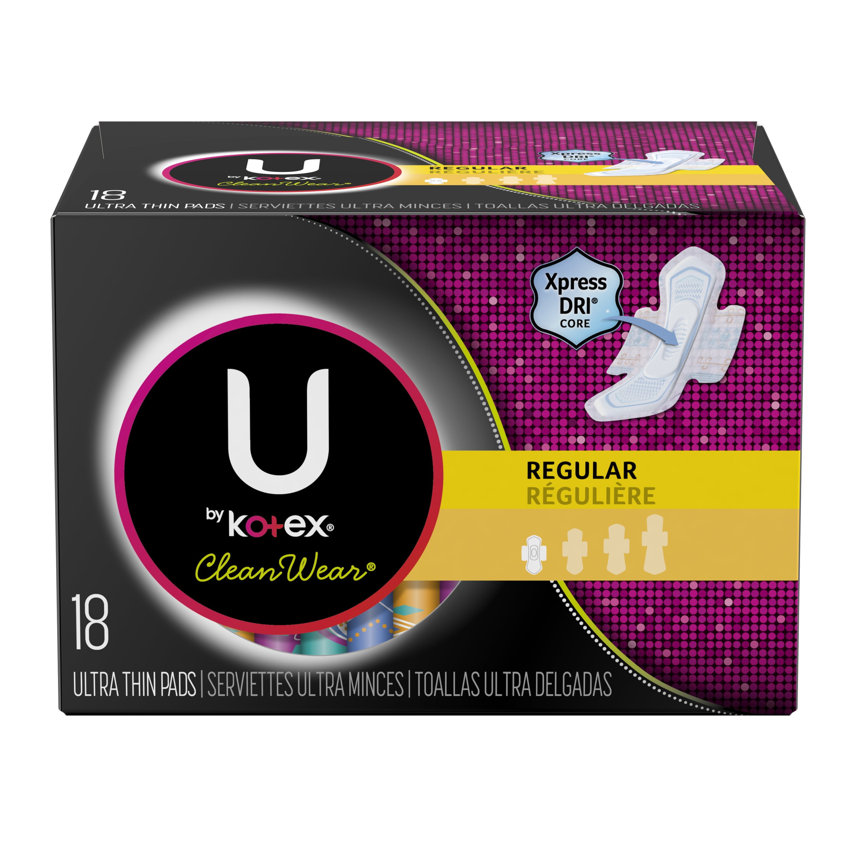 U by Kotex CleanWear Ultra Thin Pads with Wings, Regular, Unscented, 18  Count