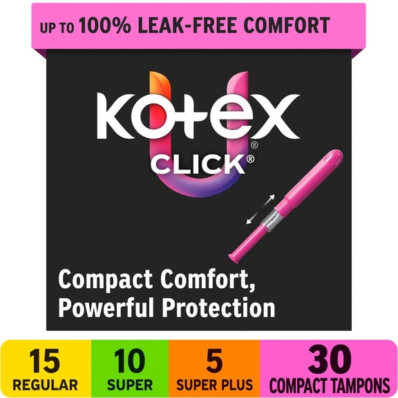 U by Kotex Click Compact Multipack Tampons, Regular/Super/Super Plus, Unscented, 30 Count