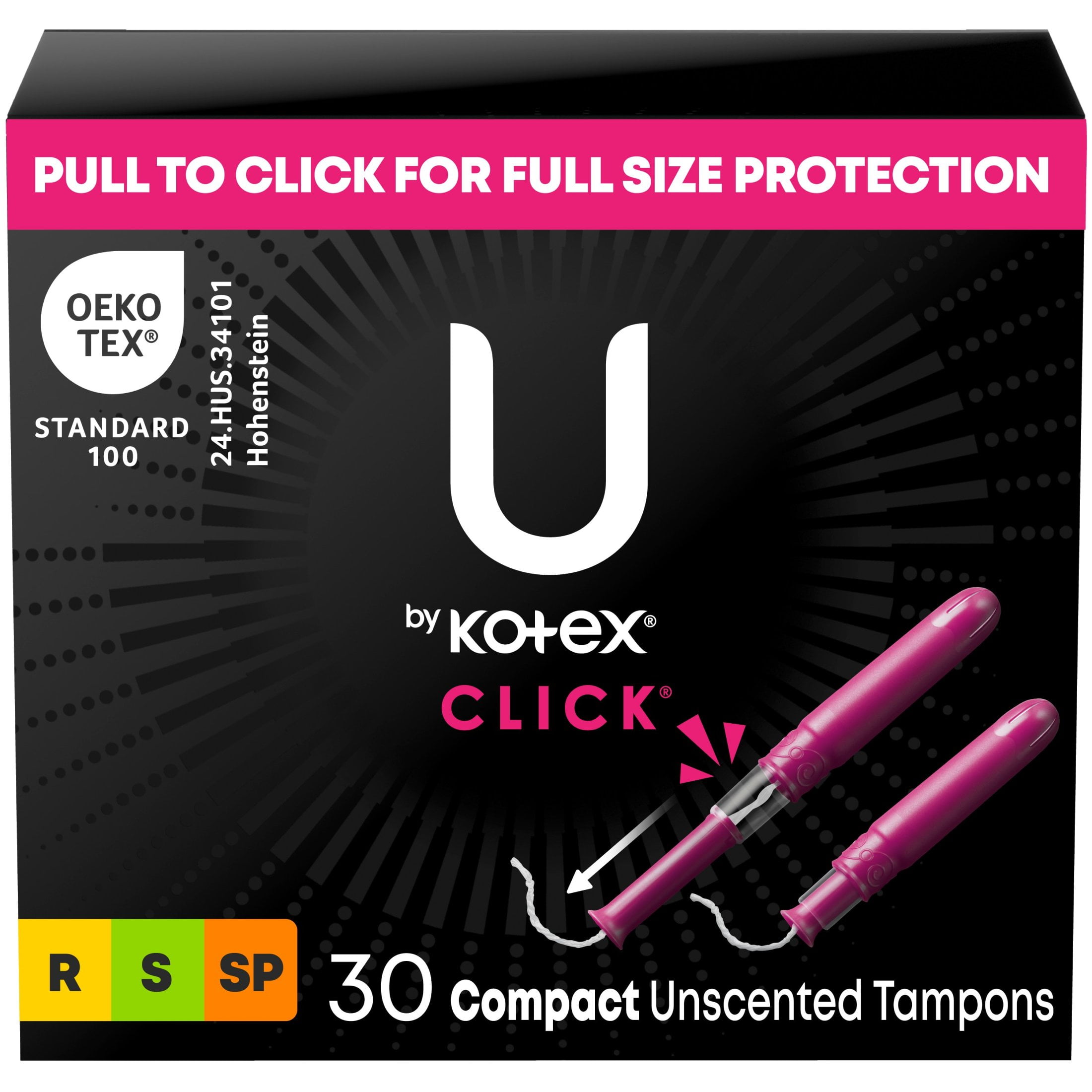 U by Kotex Click Compact Multipack Tampons, Regular/Super/Super Plus, Unscented, 30 Count
