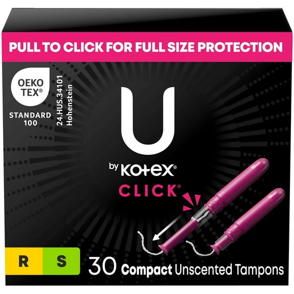 U by Kotex Click Compact Multipack Tampons, Regular/Super, Unscented, 30 Count