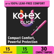 U by Kotex Click Compact Multipack Tampons, Regular/Super, Unscented, 30 Count