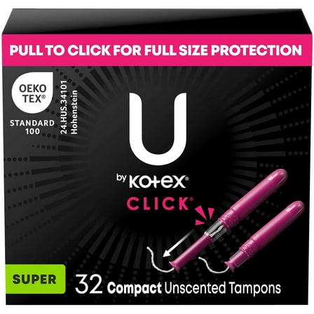 U by Kotex Click Compact Tampons, Super, Unscented, 32 Count