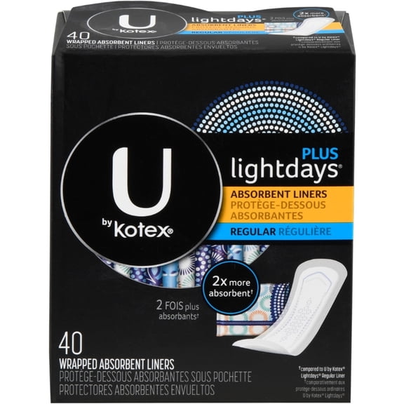 U by Kotex Lightdays Plus Regular Absorbent Liners 40 Each (Pack of 2)