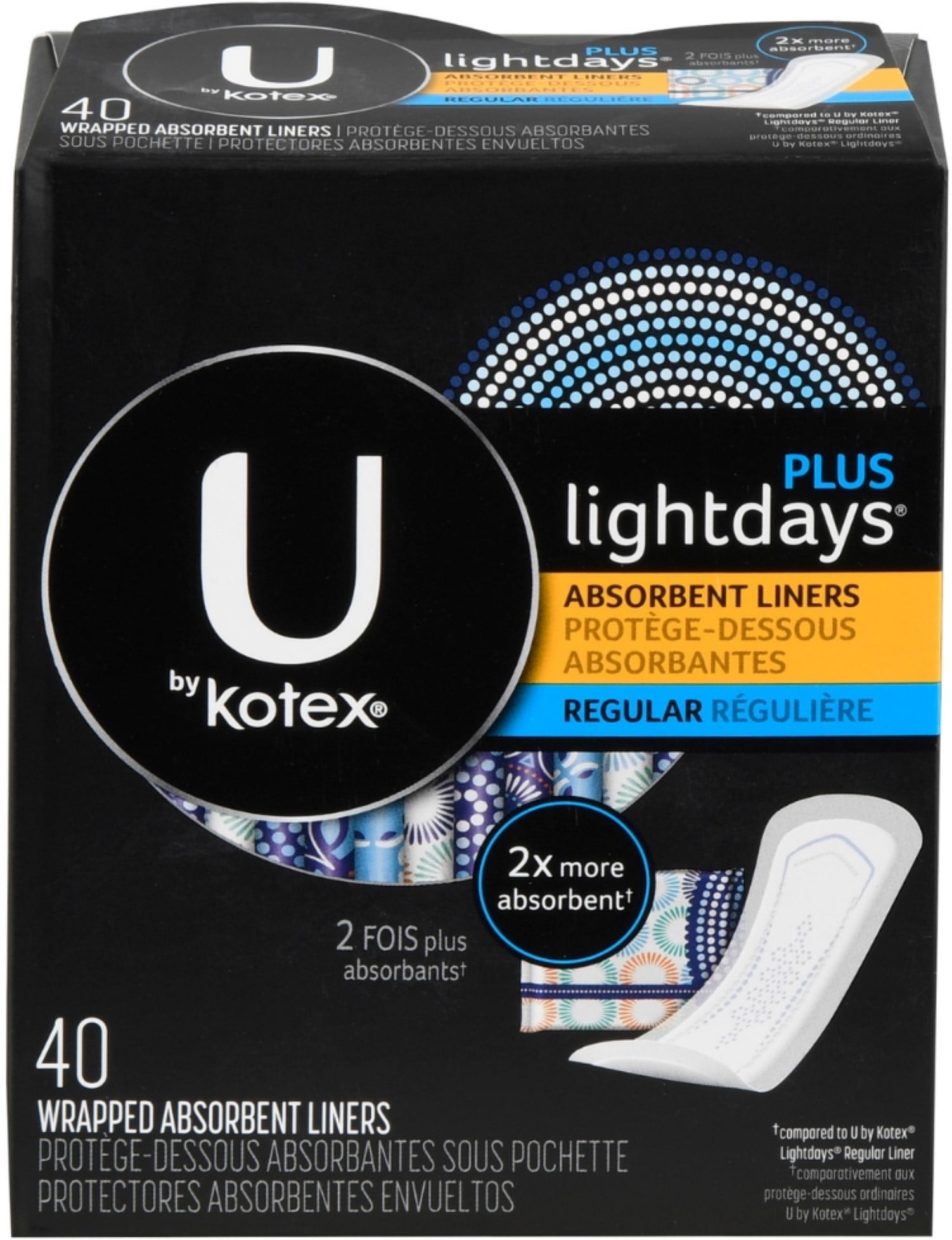 U by Kotex Lightdays Plus Regular Absorbent Liners 40 Each (Pack of 3)