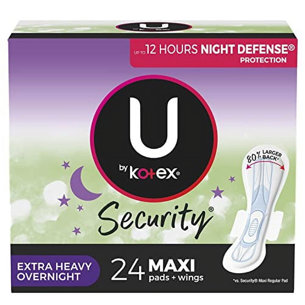 U by Kotex Security Feminine Maxi Pad with Wings, Overnight, Extra Heavy, Unscented, 24 Count (2 Packs of 12) (Packaging May Vary)