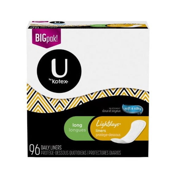 U by Kotex Security Lightdays Panty Liners, Long, Unscented, 96 Count (Pack of 3)