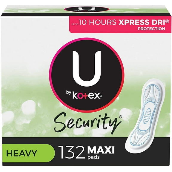 U by Kotex Security Maxi Feminine Pads, Heavy Absorbency, Unscented, 132 Count (3 Packs of 44) (Packaging May Vary)