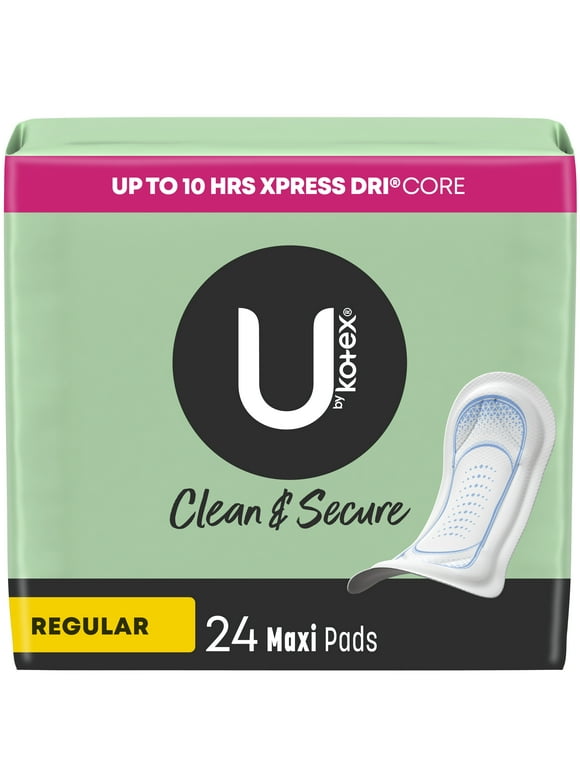 U by Kotex Security Maxi Feminine Pads, Regular Absorbency, Unscented, 24 Count