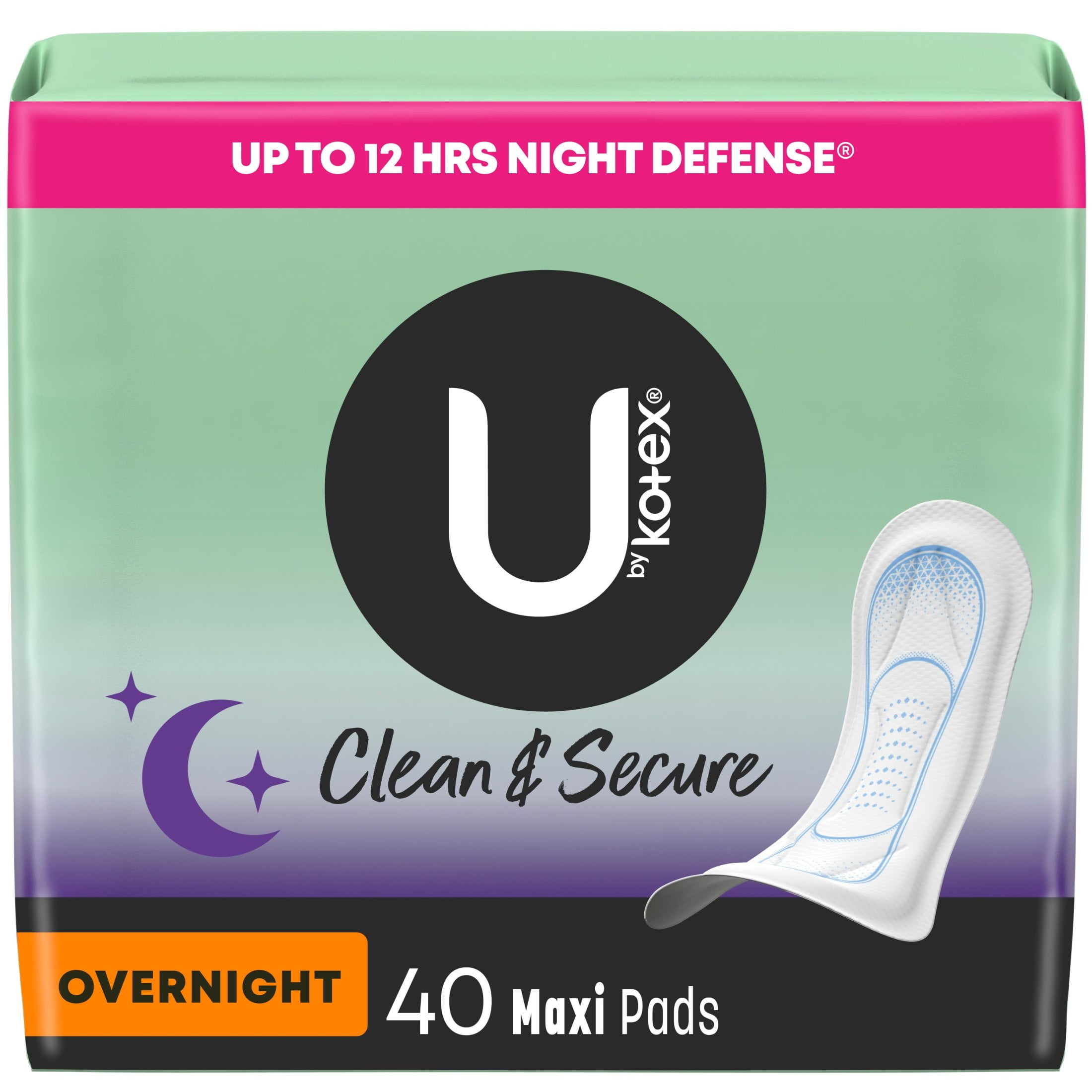 U by Kotex Clean & Secure Overnight Maxi Pads, 40 Count