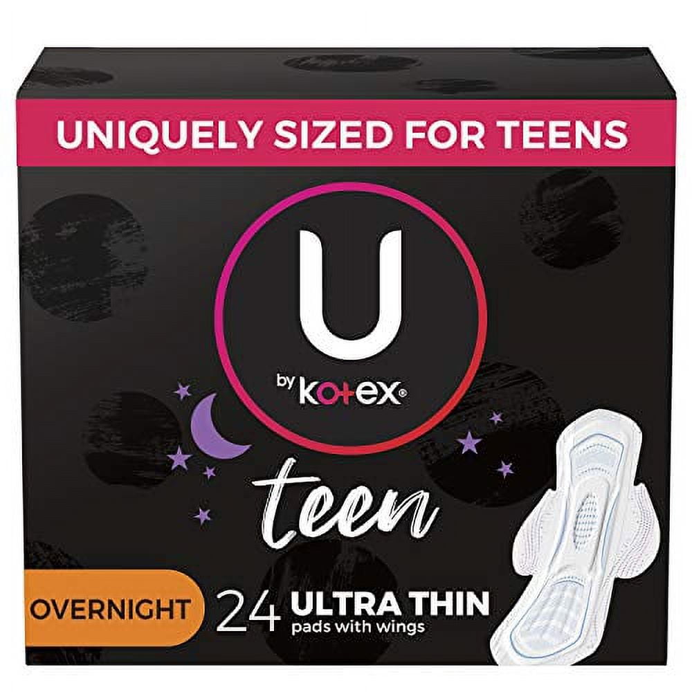 U by Kotex Teen Ultra Thin Feminine Pads with Wings, Overnight, Unscented, 24 Count