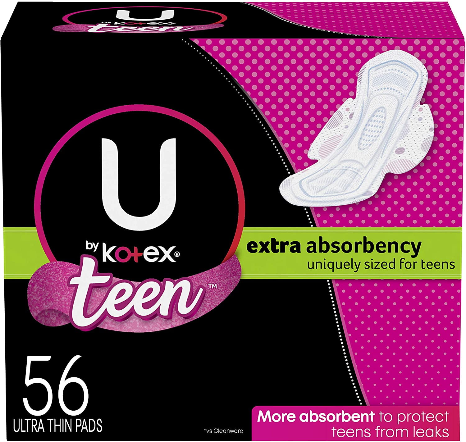 U by Kotex Ultra Thin Teen Feminine Pads with Wings, Extra Absorbency,  Unscented, 56 Count (4 Packs of 14) (Packaging May Vary)