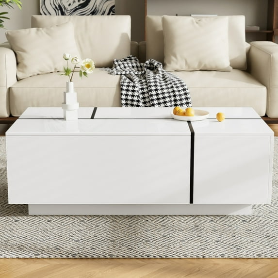 U-can 47.2''-72.7'' Extendable Coffee Table Multi-functional Coffee Table With High-gloss Finish Coffee Table With 2 Hidden Storage Space And 2 Drawers For Living Room