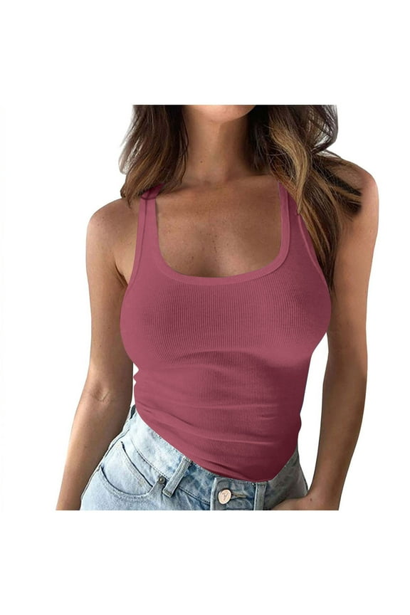 U-neck Tank Tees for Womens Tight Sleeveless Solid Color Cami Blouses Plus Size Slim Fitted Y2K Top Clothes