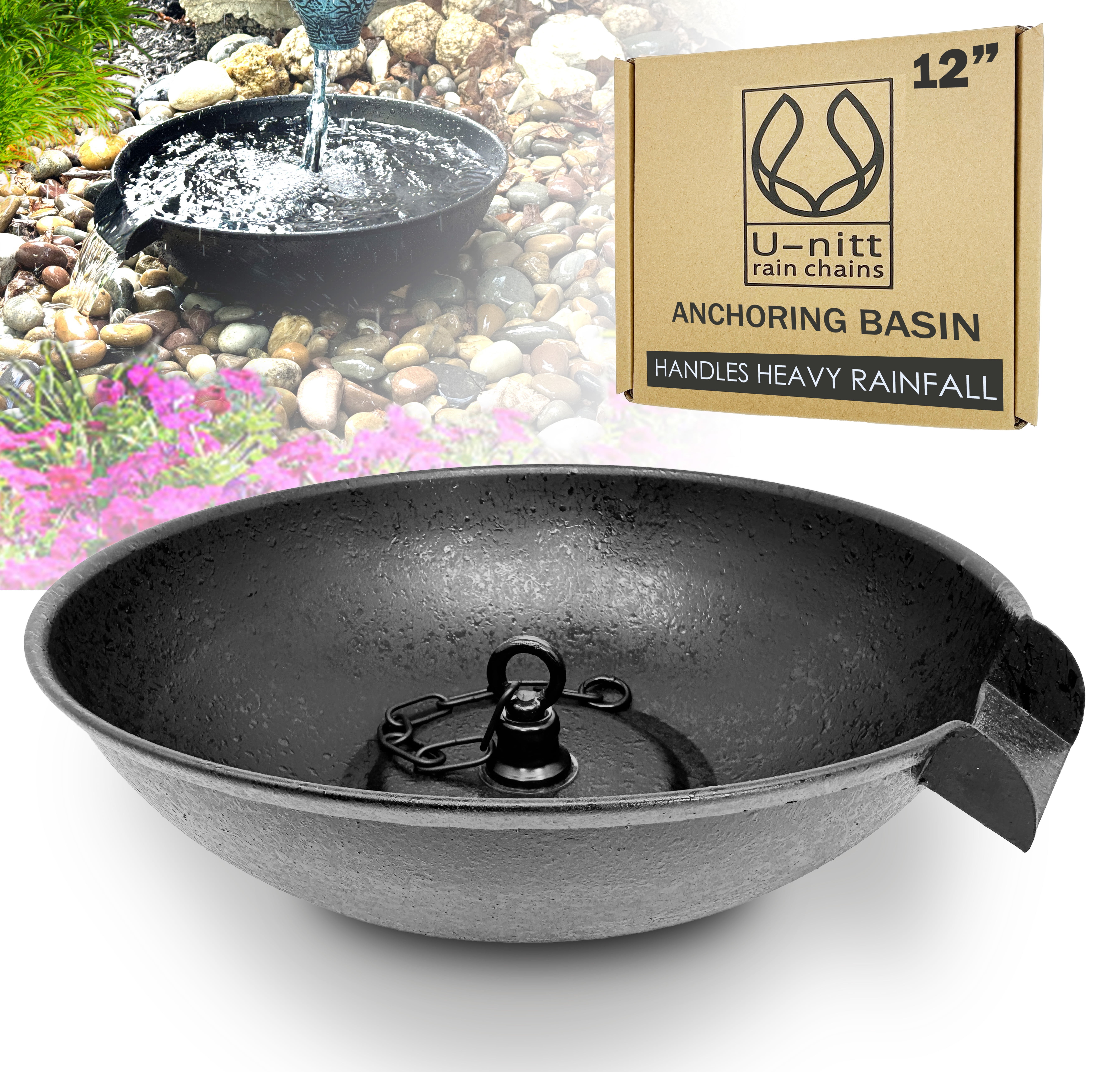 U-nitt 12" Anchoring Basin/Bowl/Dish for Gutter Rain Chain, Spill Bowl for Fountain, Flat Scupper, Birdbath Alternative, with Attachment Chain, Black Powder Coated, 972FBLK-V2