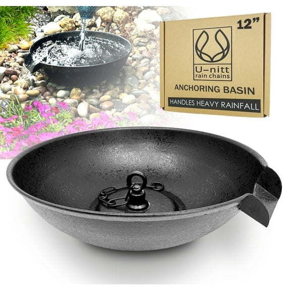 U-nitt 12" Anchoring Basin/Bowl/Dish for Gutter Rain Chain, Spill Bowl for Fountain, Flat Scupper, Birdbath Alternative, with Attachment Chain, Black Powder Coated, 972FBLK-V2