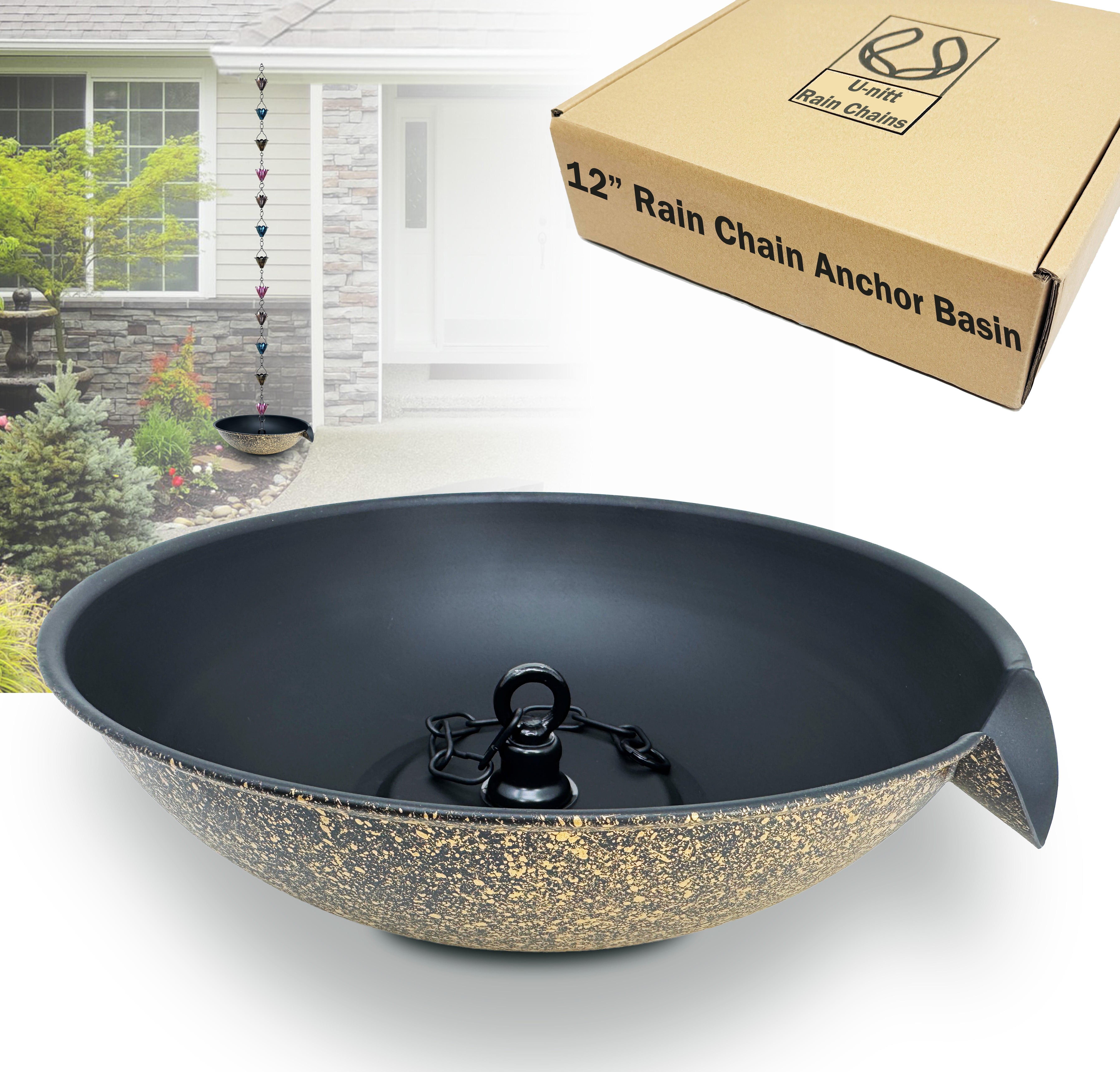 12" Black and Gold Powder Coated Metal Rain Chain Anchoring Basin