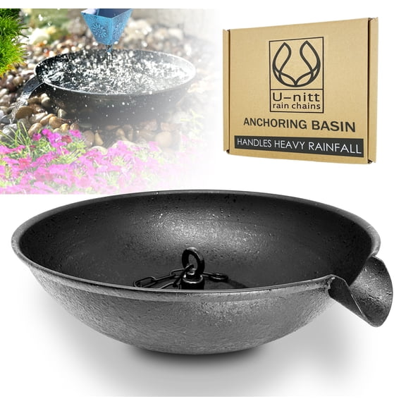 U-nitt 12" Anchoring Basin/Bowl/Dish for Gutter Rain Chain, Spill Bowl for Fountain, with Scupper, Birdbath Alternative, with Attachment Chain, Black Powder Coated, Rough Surface, 972BBLK