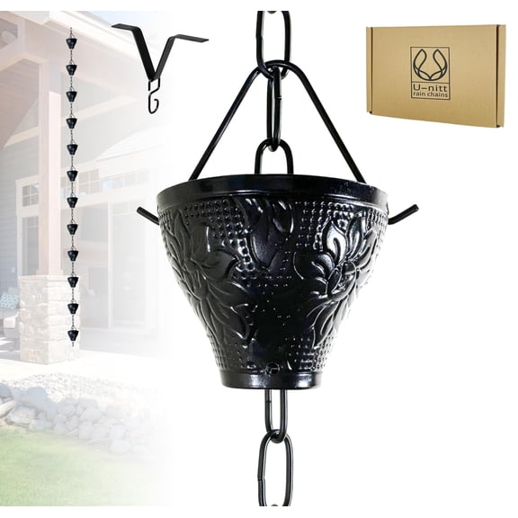 U-nitt Rain Chains for Gutters | Rainwater Catcher & Diverter | 8.5ft Metal Rain Chain | Black Powder Coated w/Embossed Sunflower Cup | Roof Gutter Chain Downspout | DIY Rain Chain Installation Kit