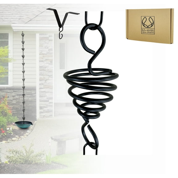 U-nitt Rain Chains, Roof Gutter Downspout Channel, Rainwater Catcher/Diverter, 8.5 FT, Metal, Black Powder Coated, Coiled Bird Nest, Modern, 6005BLK