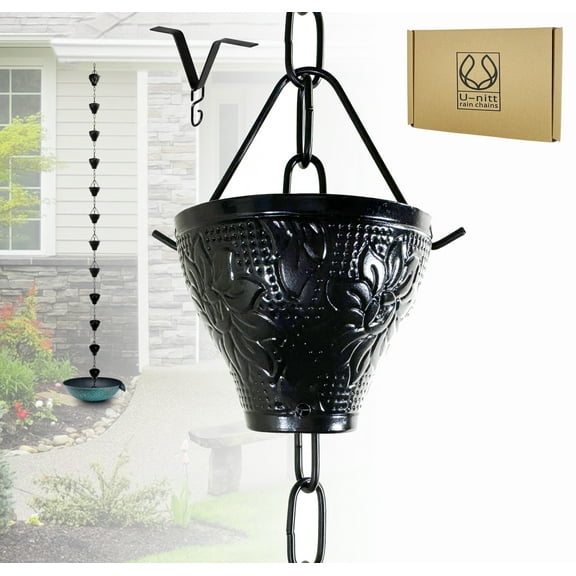 U-nitt Rain Chains, Roof Gutter Downspout Channel, Rainwater Catcher/Diverter, 8.5 FT, Metal, Black Powder Coated, Embossed Sunflower, Large, 5501A