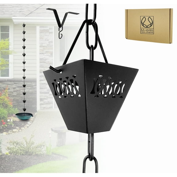 U-nitt Rain Chains, Roof Gutter Downspout Channel, Rainwater Catcher/Diverter, 8.5 FT, Metal, Black Powder Coated, Square Jali Cup, 3121BLK