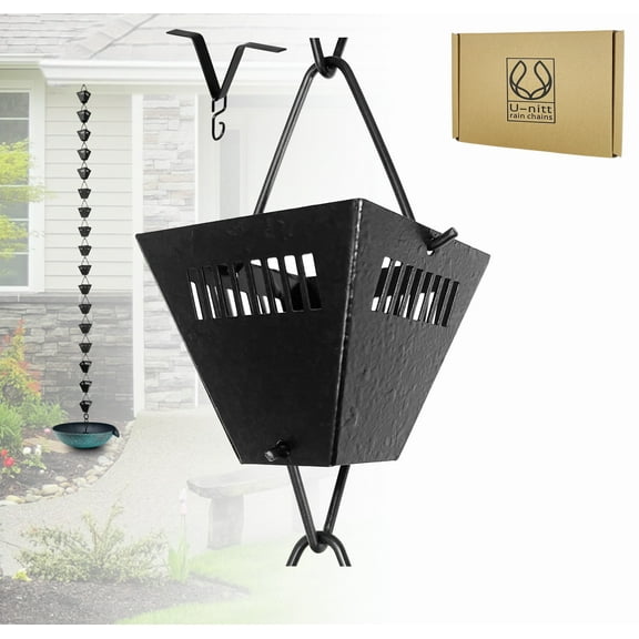U-nitt Rain Chains, Roof Gutter Downspout Channel, Rainwater Catcher/Diverter, 8.5 FT, Metal, Black Powder Coated, Square Textured Joy Cup, 3122BBLK
