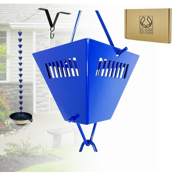 U-nitt Rain Chains, Roof Gutter Downspout Channel, Rainwater Catcher/Diverter, 8.5 FT, Metal, Blue Powder Coated, Square Joy Cup, 3122BLU