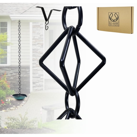 U-nitt Rain Chains, Roof Gutter Downspout, Rainwater Catcher/Diverter, 8.5 FT, Metal, Black Powder Coated, Perfect Diamond Links, Modern, 6004BLK
