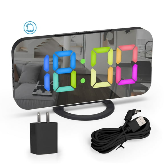 U-pick 6.6" Digital Alarm Clock for Bedroom Mirror Digital Clock Large Numbers Colorful LED Display Alarm Clock with 2 USB Charging Ports, Dimmable, Battery Backup, Snooze, Night Mode, 12/24H, Black