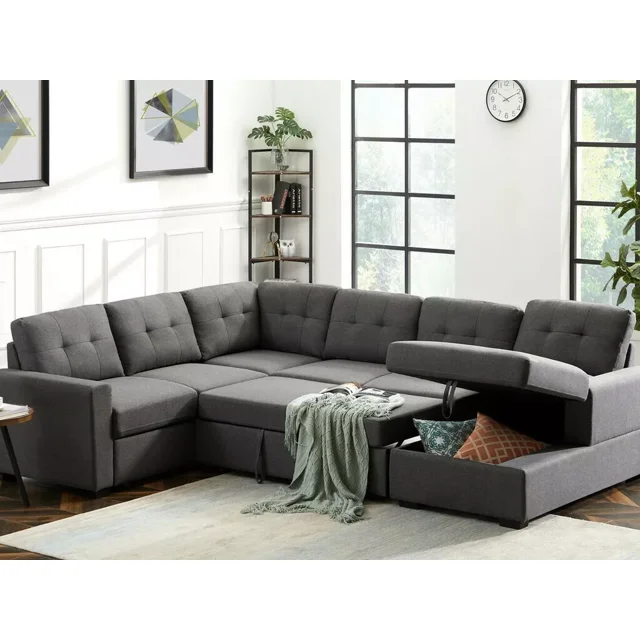 Ushape Contemporary Sleeper Sectional Sofa with Storage Chaise Living