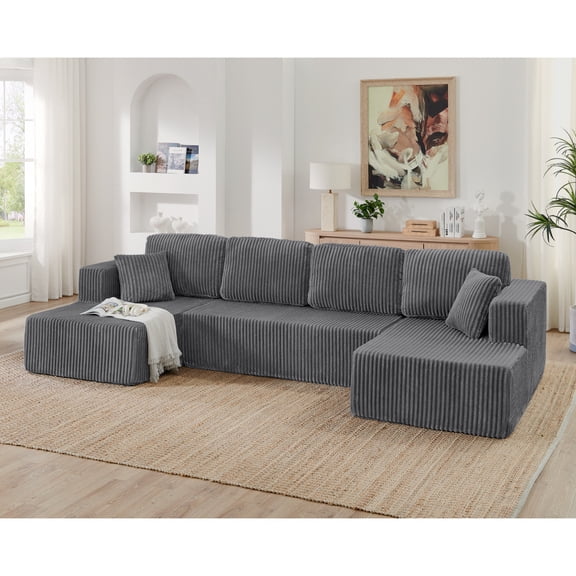 U shape Modular Sectional Sofa, Compressed Sectional Sofa Modern Minimalist Style Corduroy Couch, Sleeper Sofa for Living Room, Bedroom, Comfy Compressed Sofa -Beige