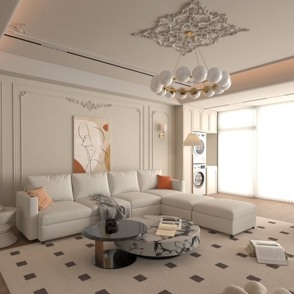 U-shape Sectional Couch With Storage And , 123" 6 Seat Chenille Living Room Modern Storage, For