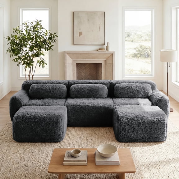 U-shaped Boneless Sofa, Dark Grey, 32D Sponge Anti-Slip, with Chaise, Full Compression, Deep Seat, Free Combination, for Bedroom Study Home Theater