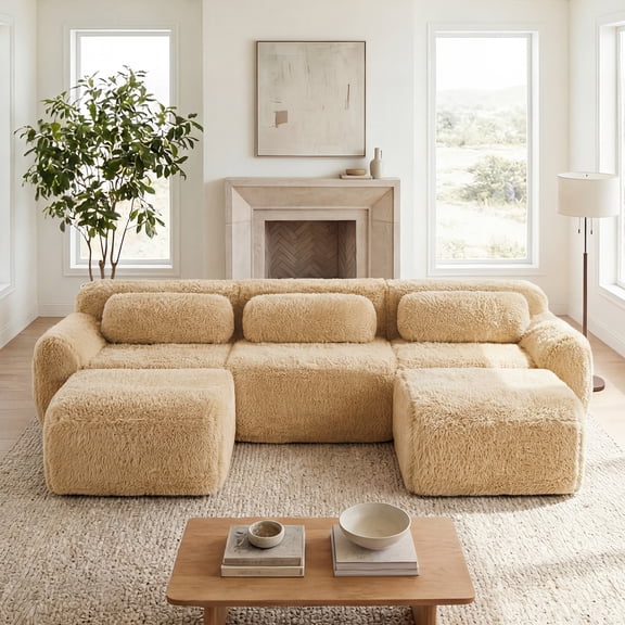 U-shaped Boneless Sofa, Light Khaki, 32D Sponge Anti-Slip, with Chaise, Full Compression, Deep Seat, Free Combination, for Bedroom Study Home Theater