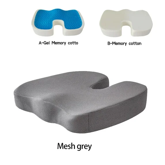 U-shaped Car Sitting Pad Gel Cushion Chair Memory for Massage Tailbone Relief Coccyx Seat Back Office Long Foam Pain (Mesh grey,A Gel memory cotton)