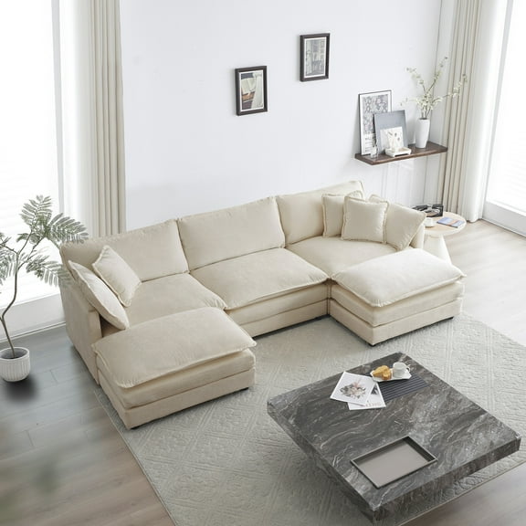 U-shaped Sectional , Beige Chenille 5 Convertible Couch, Soft And Supportive Padding For Living Room Corner With Footrest, Elegant Relaxing