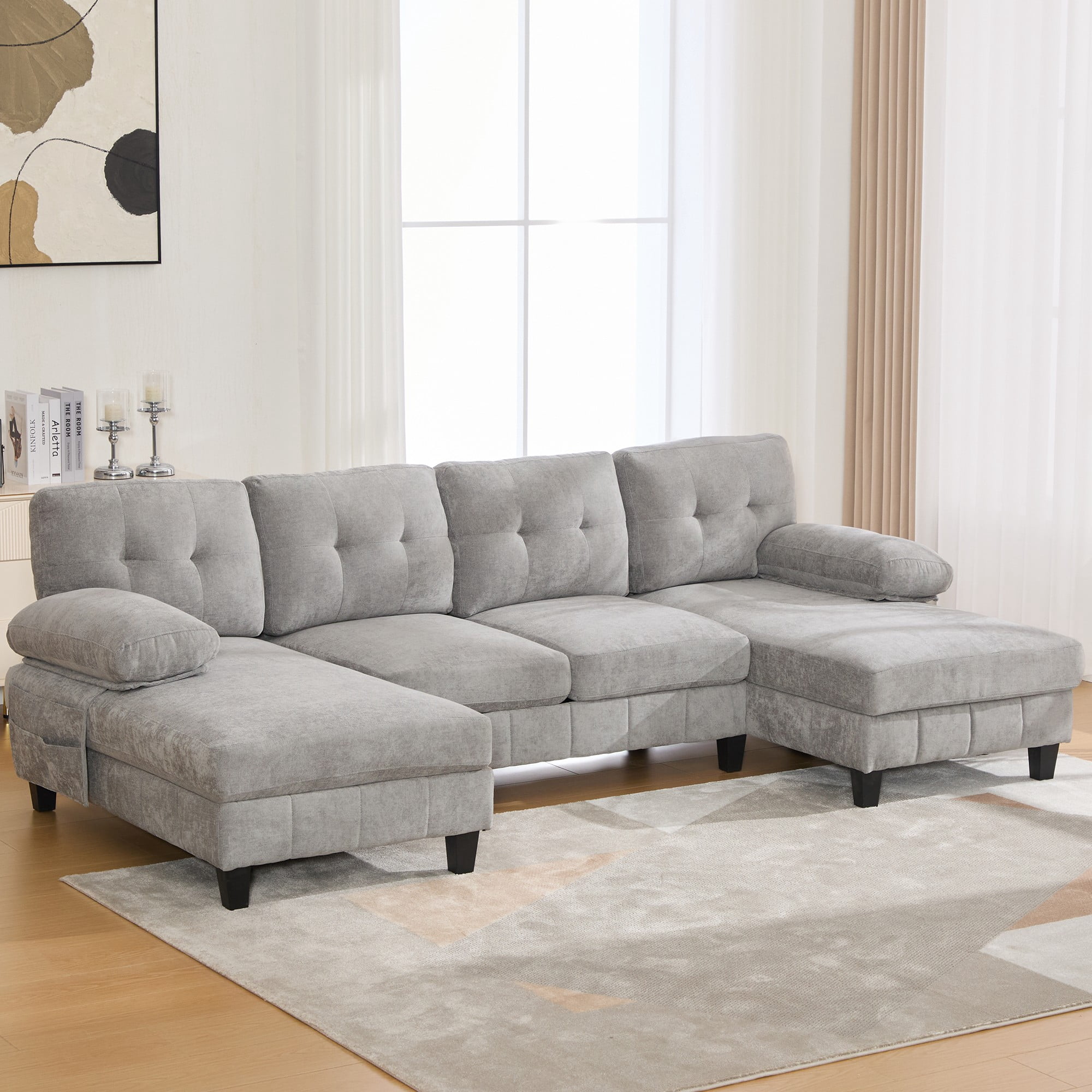 U-shaped Sectional Sofa,103.5" Chenille Upholstered Sofa Couch with Storage Pockets and Armrest Pillows for Living Room,Grey